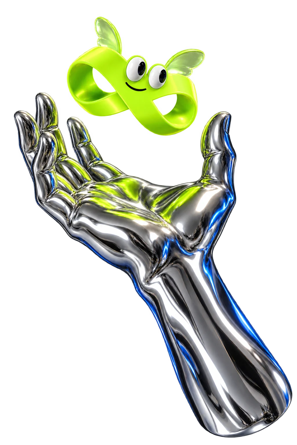 Bitty, our lime loop mascot, floating above a liquid-chrome hand